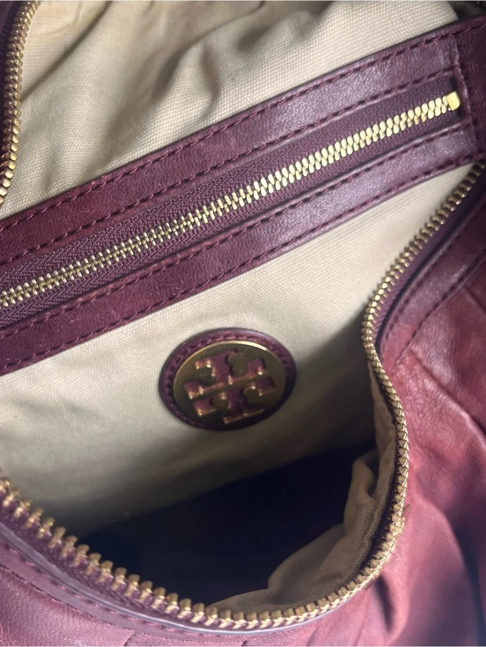 Tory Burch Leather Hobo Style Bag - Burgundy Leather